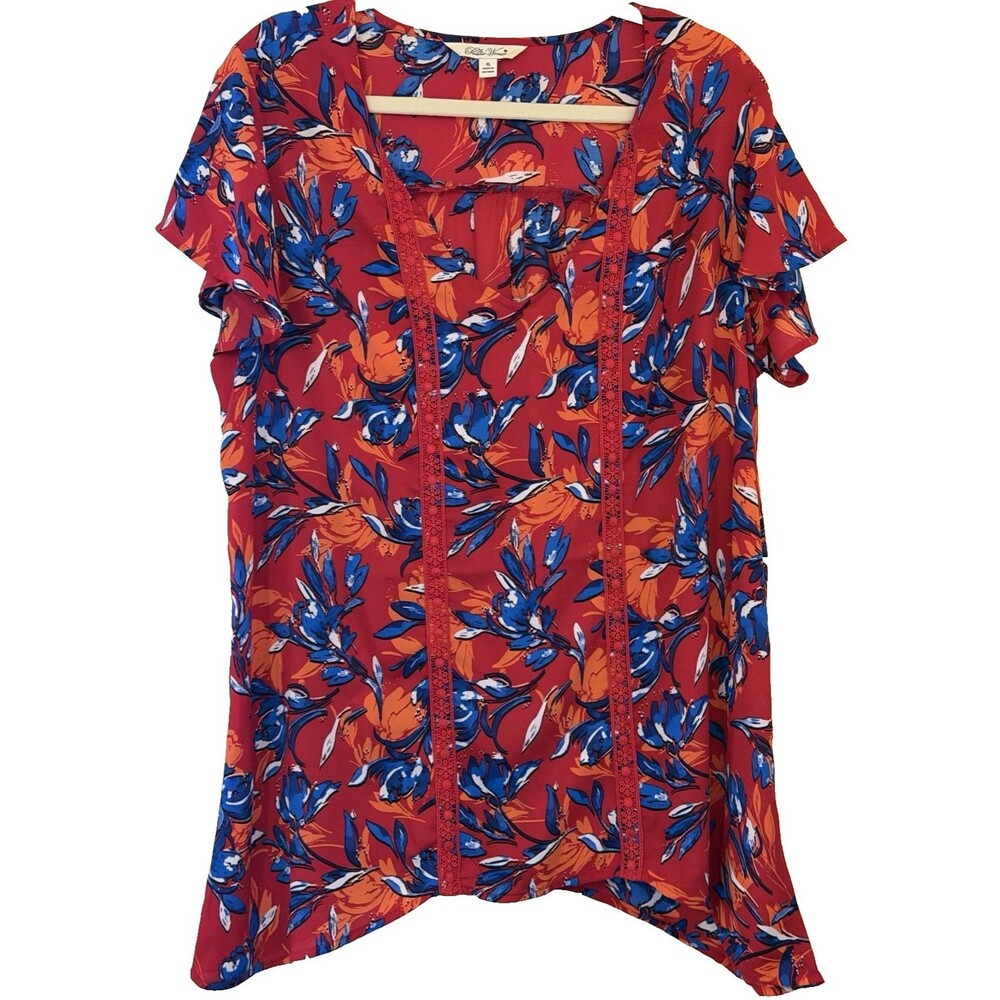 Pioneer Woman Floral Tunic Top XL Red Blue Crochet Lace Sharkbite Hem Boho